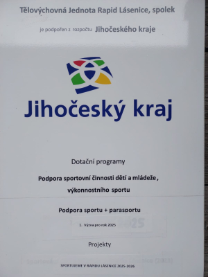 Jihočeský kraj 2025 - Podpora sportování mládeže v Rapidu Lásenice 